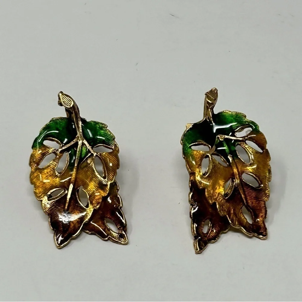 Small Green and Brown Multicolor Enamel Leaf Stud Earrings Fall Foliage